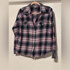 Wrangler Kids Plaid Pearl Snap Button Down Shirt - Pink, Black, White